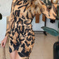 Leopard Print Long Sleeve Waist Hollow Out Bodycon Dress Casual Slim Fit Mini Dress