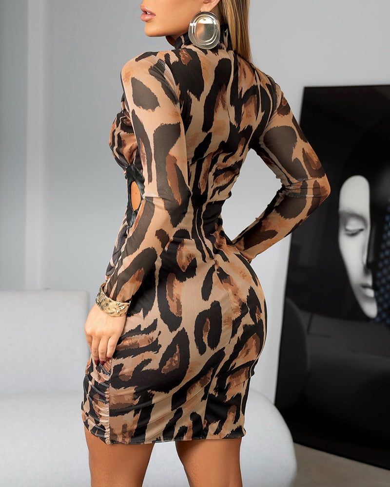 Leopard Print Long Sleeve Waist Hollow Out Bodycon Dress Casual Slim Fit Mini Dress