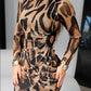 Leopard Print Long Sleeve Waist Hollow Out Bodycon Dress Casual Slim Fit Mini Dress