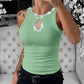 Rhinestone Contrast Sequin Keyhole Neck Sleeveless Slim Fit Elasticity Ribbed Top Elegant Tank
