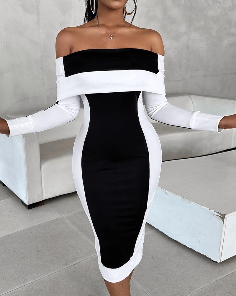 Off Shoulder Colorblock Long Sleeve Midi Dress