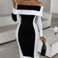 Off Shoulder Colorblock Long Sleeve Midi Dress