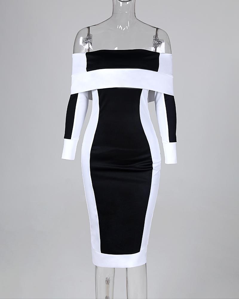 Off Shoulder Colorblock Long Sleeve Midi Dress