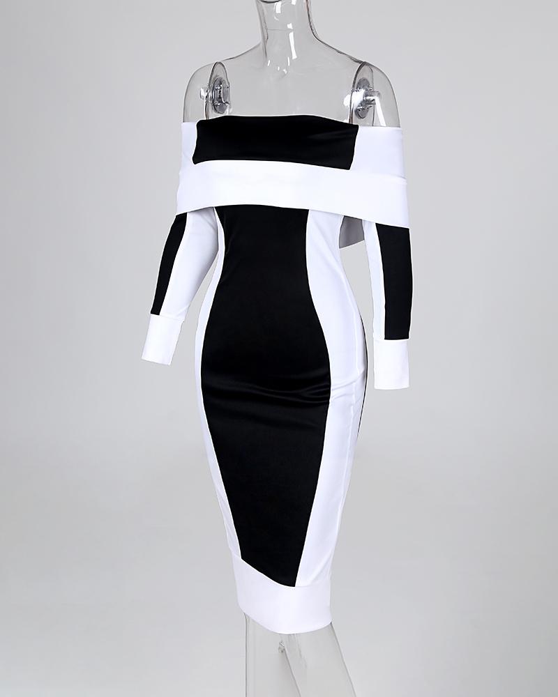 Off Shoulder Colorblock Long Sleeve Midi Dress