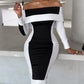 Off Shoulder Colorblock Long Sleeve Midi Dress