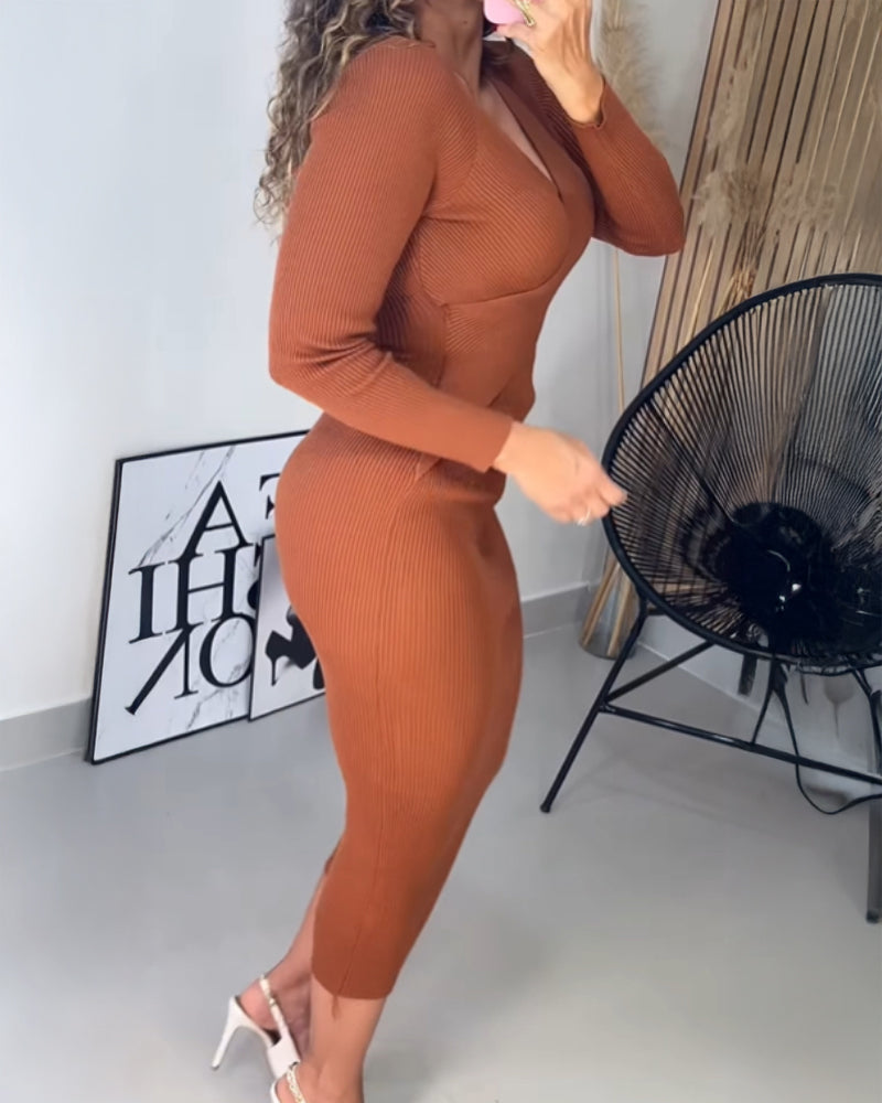 V Neck Long Sleeve Chic Slim Fit Dress