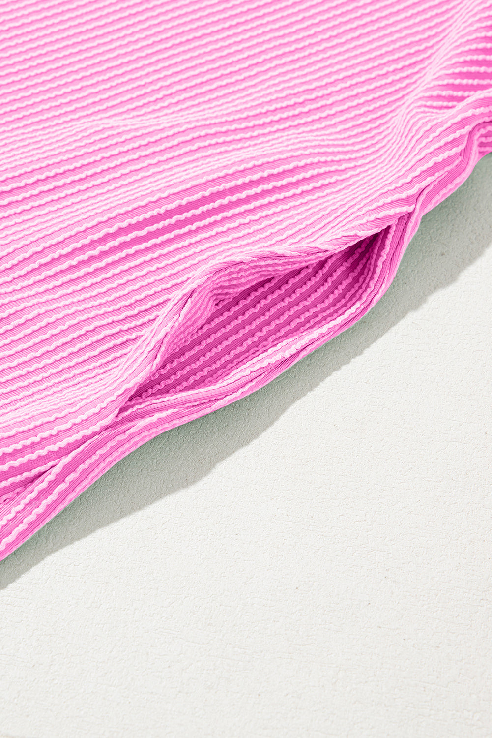 Bright Pink Corded Knit Crew Neck Puff Sleeve Shift Mini Dress