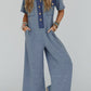 Beau Blue Half Placket Chest Pockets Short Sleeve Wide Leg Jumpsuit