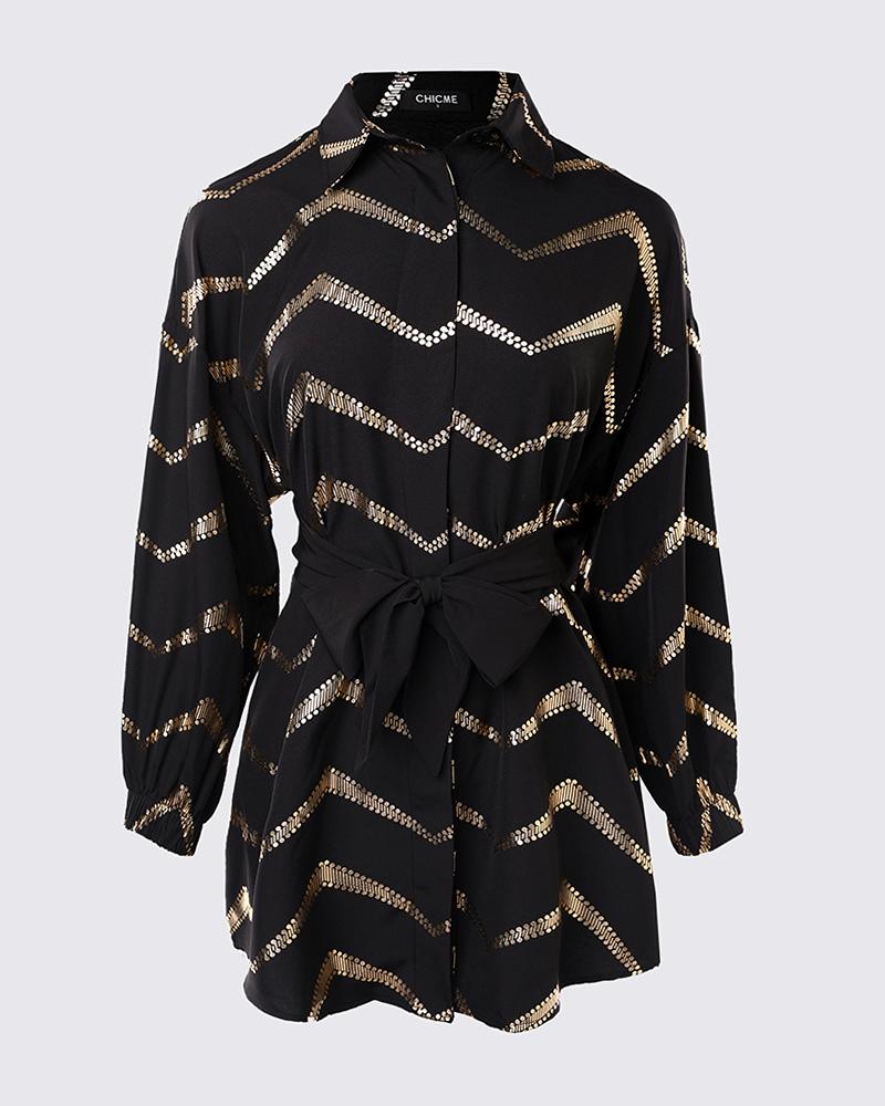 Bronzing Chevron Print Tied Detail Shirt Dress