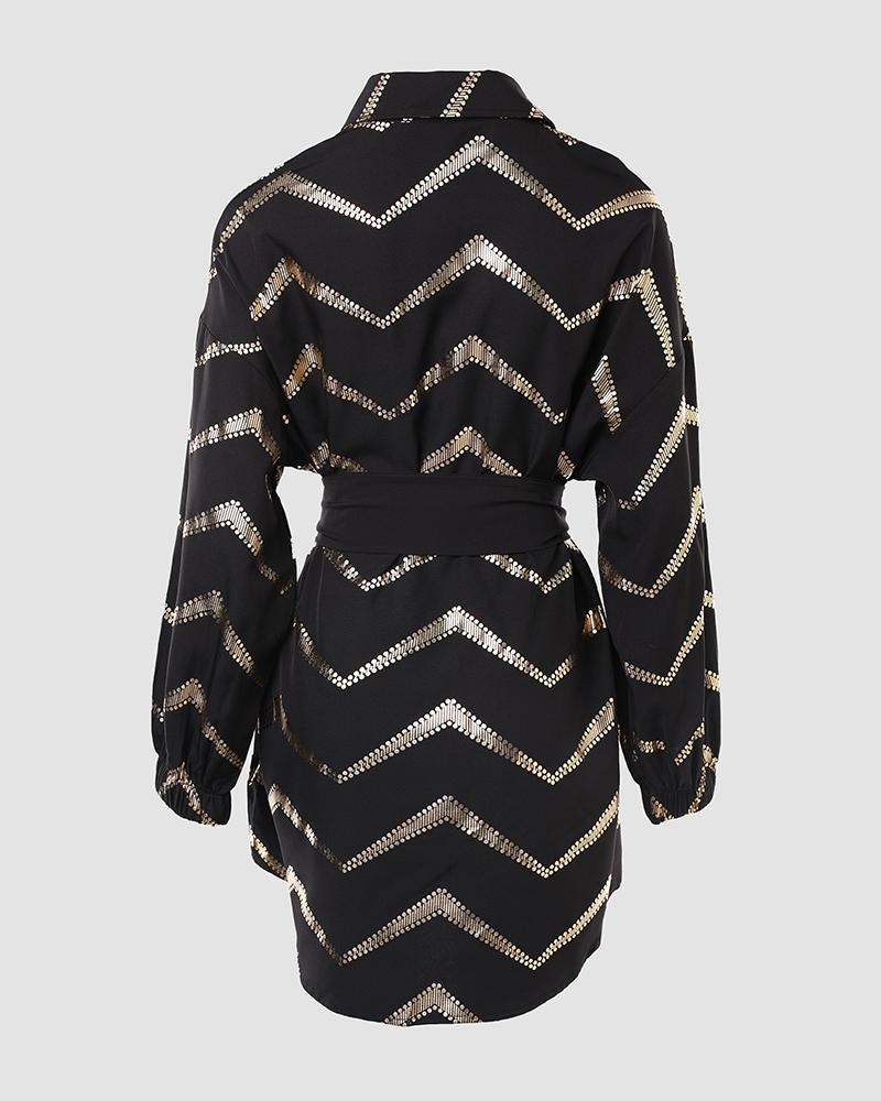 Bronzing Chevron Print Tied Detail Shirt Dress
