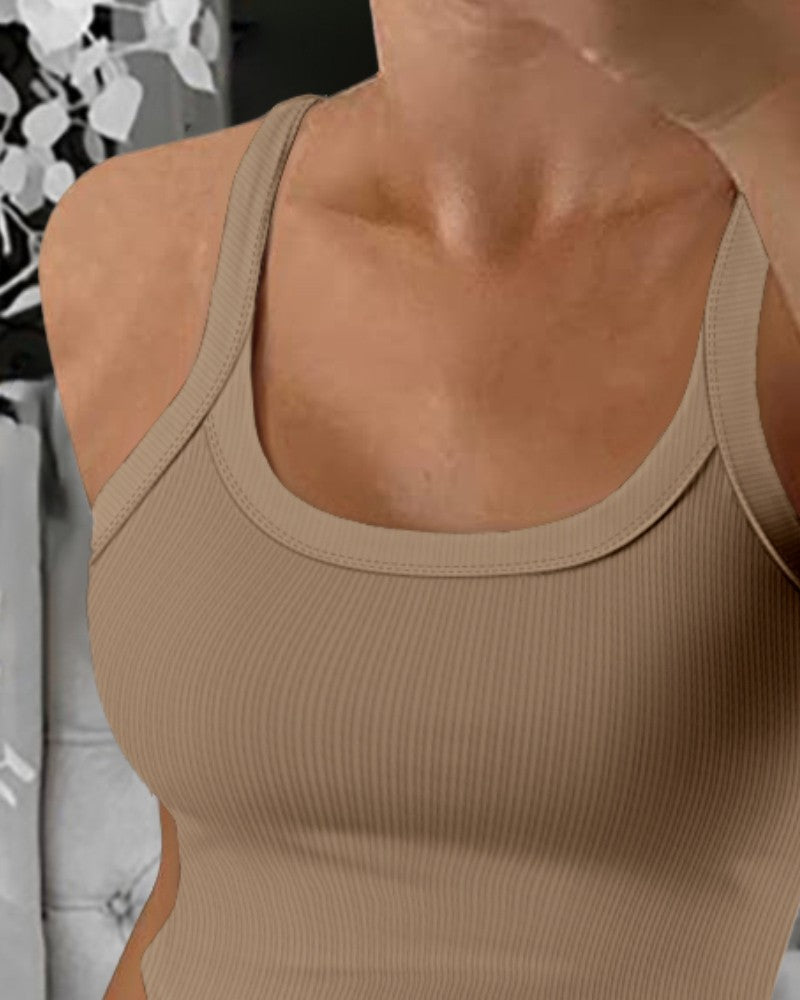 Scoop Neck Spaghetti Strap Ribbed Top Casual Sleeveless Slim Fit Tank