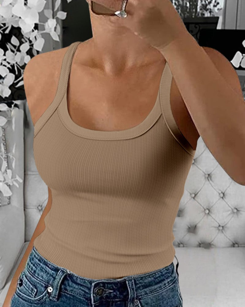 Scoop Neck Spaghetti Strap Ribbed Top Casual Sleeveless Slim Fit Tank
