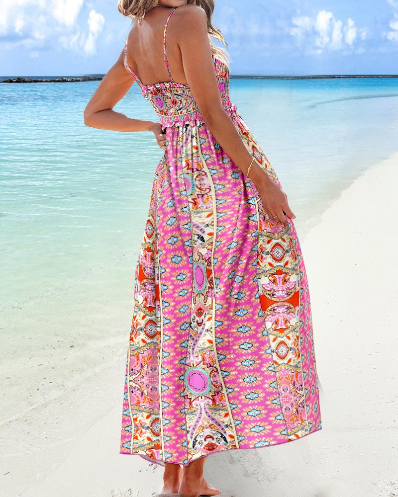 Tribal Pattern Square Neck Sleeveless Thick Strap Shirred Ruffles Hem Maxi Dress Vacation Dress