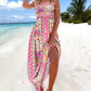 Tribal Pattern Square Neck Sleeveless Thick Strap Shirred Ruffles Hem Maxi Dress Vacation Dress