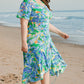Green Leaves Print Short Sleeve Surplice Neck Ruffled Trim Plus Size Maxi Dress