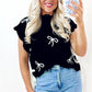 Black Bow Print Side Ties Scalloped Hem Sweater T Shirt