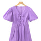 Wisteria Bow Decor Front V Neck Puff Sleeve Romper