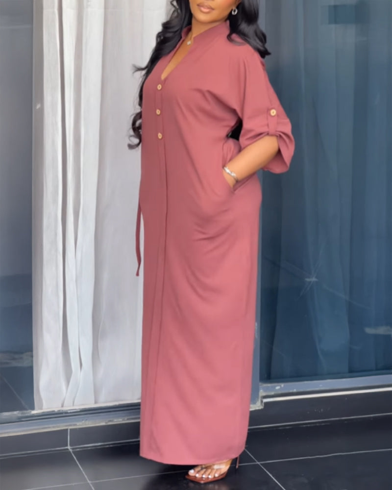 Plain Stand Collar Button Front Maxi Dress Casual Tied Detail Slit Dress