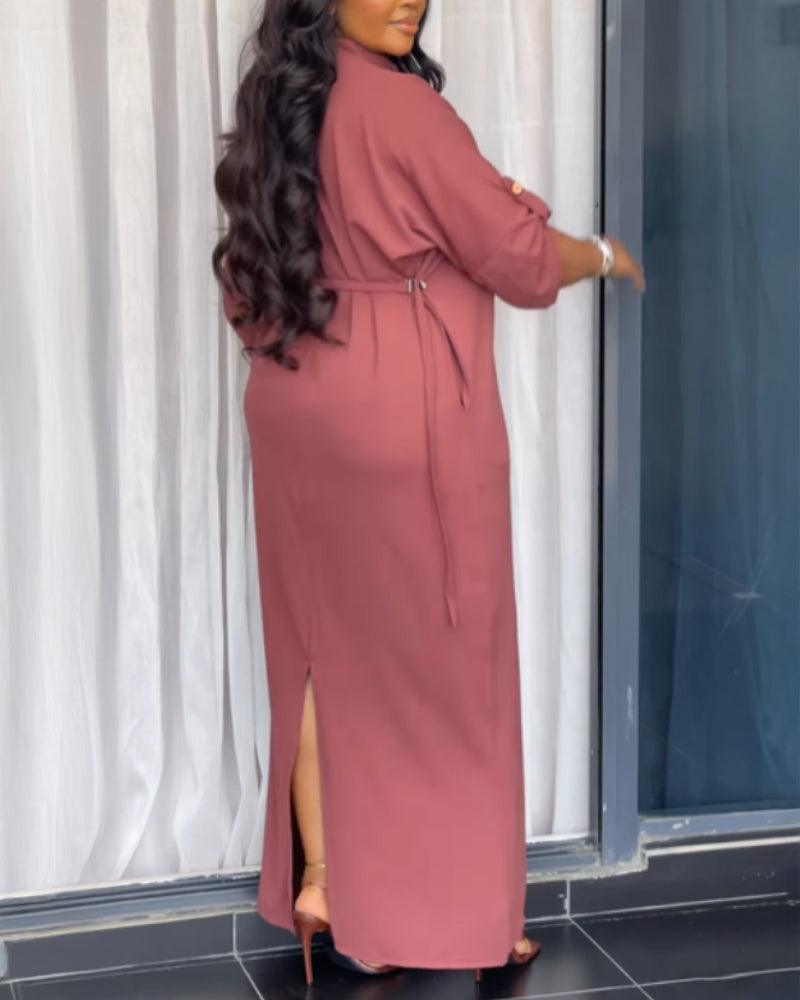 Plain Stand Collar Button Front Maxi Dress Casual Tied Detail Slit Dress