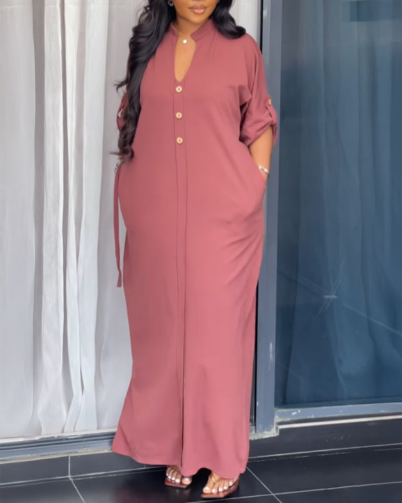 Plain Stand Collar Button Front Maxi Dress Casual Tied Detail Slit Dress