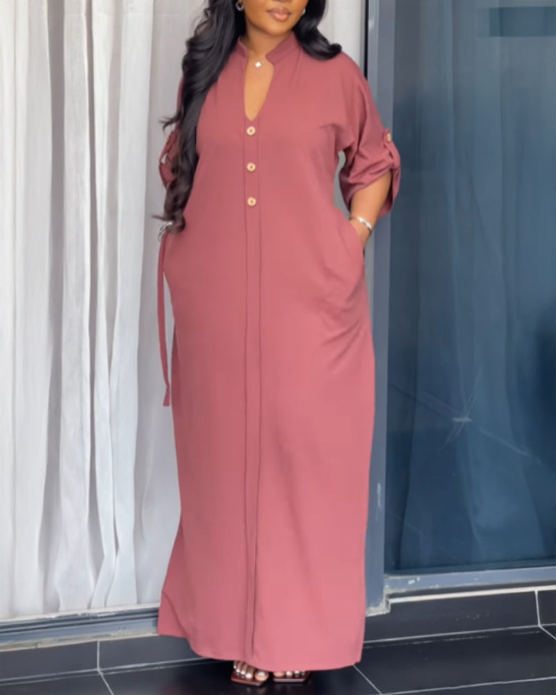 Plain Stand Collar Button Front Maxi Dress Casual Tied Detail Slit Dress