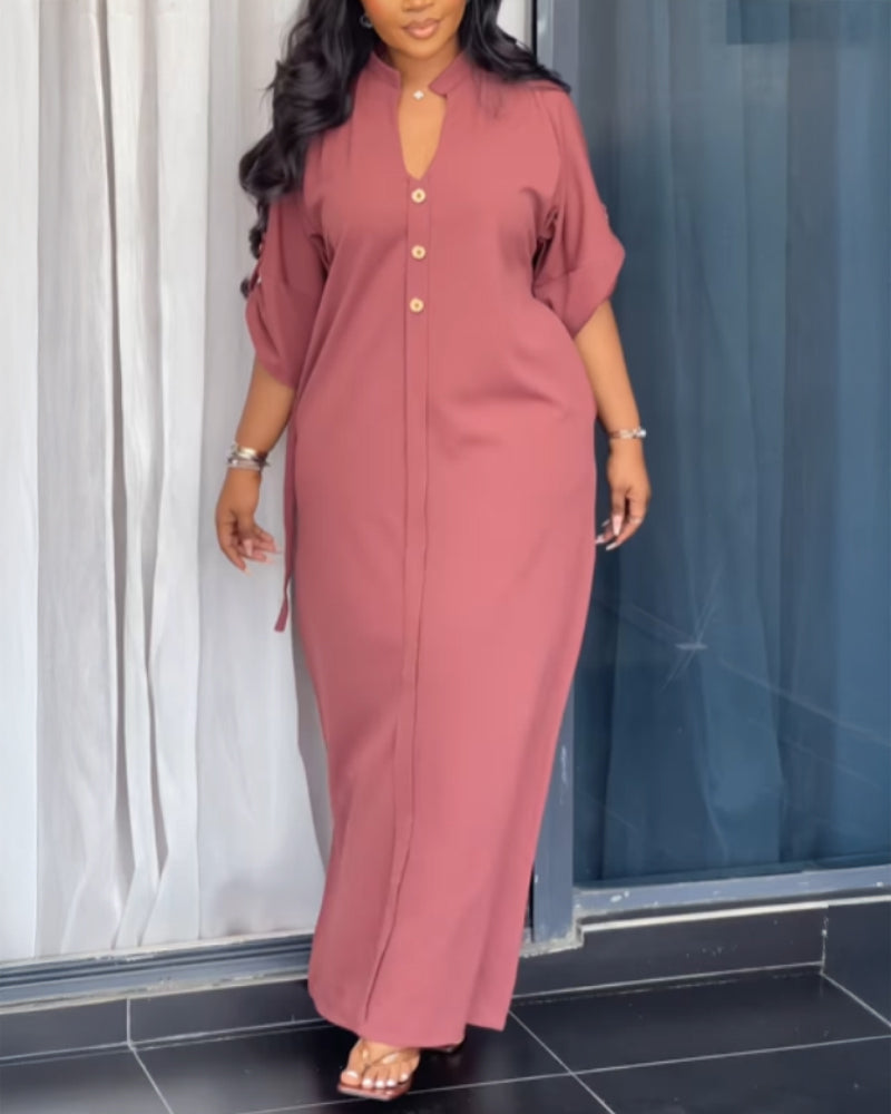 Plain Stand Collar Button Front Maxi Dress Casual Tied Detail Slit Dress