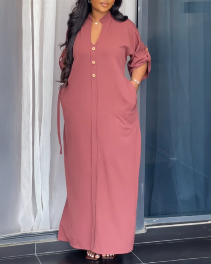 Plain Stand Collar Button Front Maxi Dress Casual Tied Detail Slit Dress