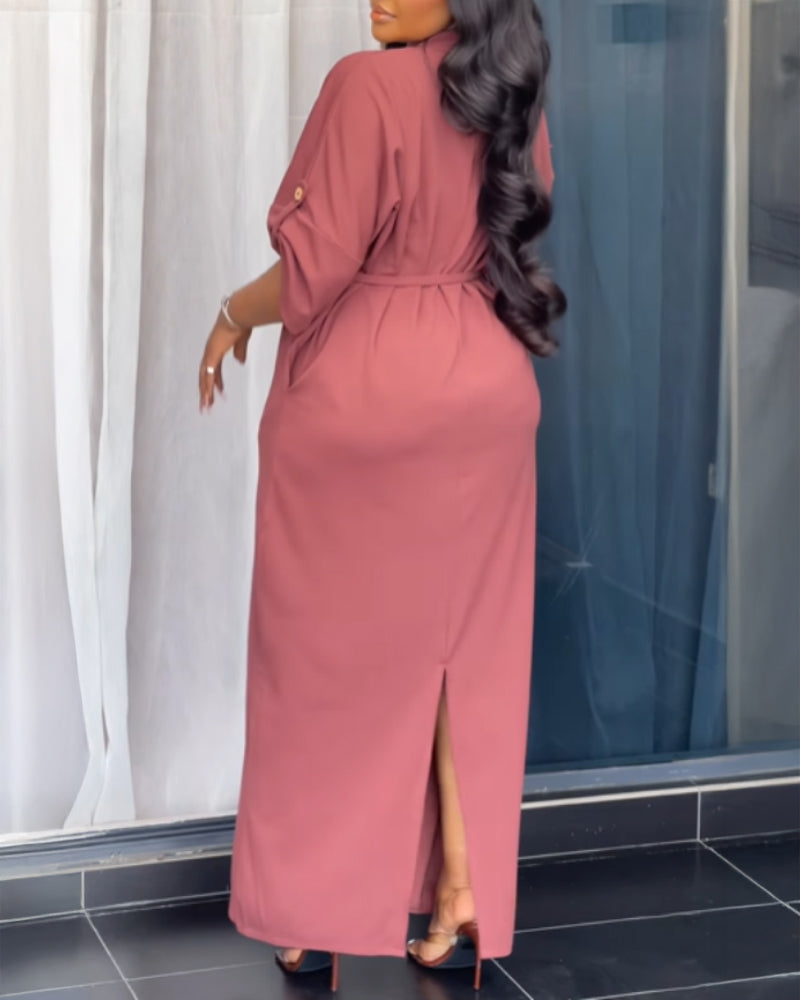 Plain Stand Collar Button Front Maxi Dress Casual Tied Detail Slit Dress