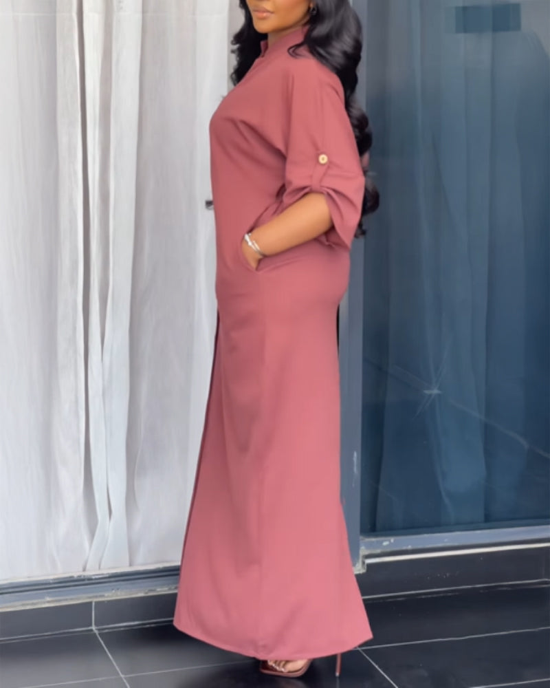 Plain Stand Collar Button Front Maxi Dress Casual Tied Detail Slit Dress