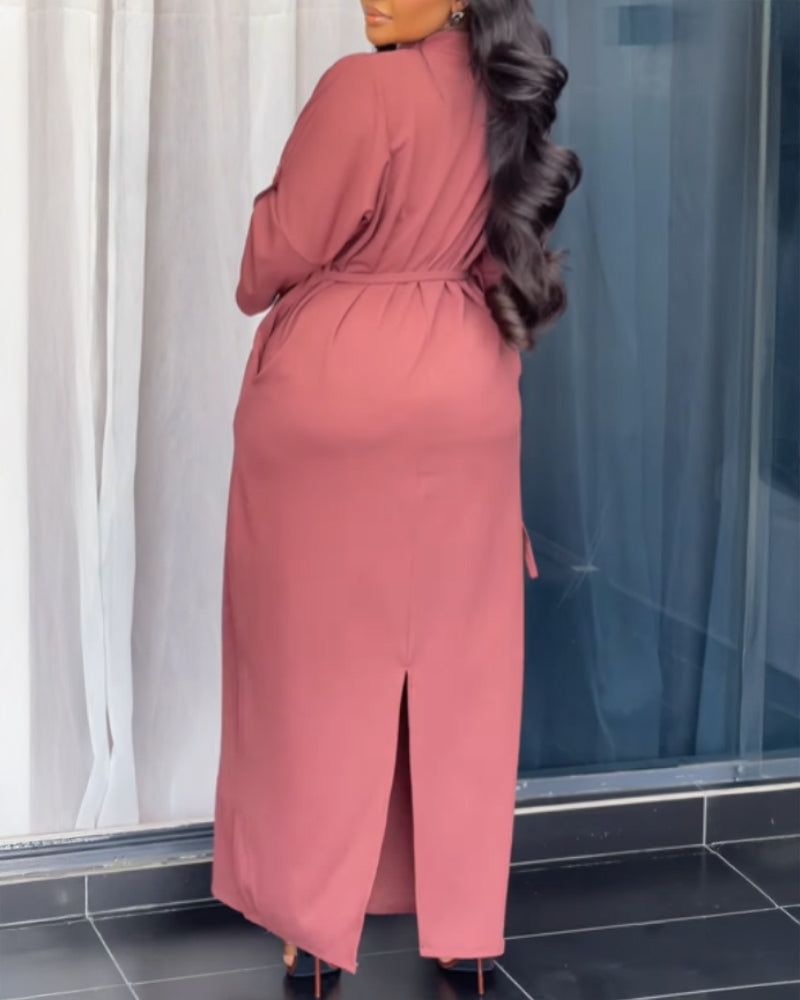 Plain Stand Collar Button Front Maxi Dress Casual Tied Detail Slit Dress