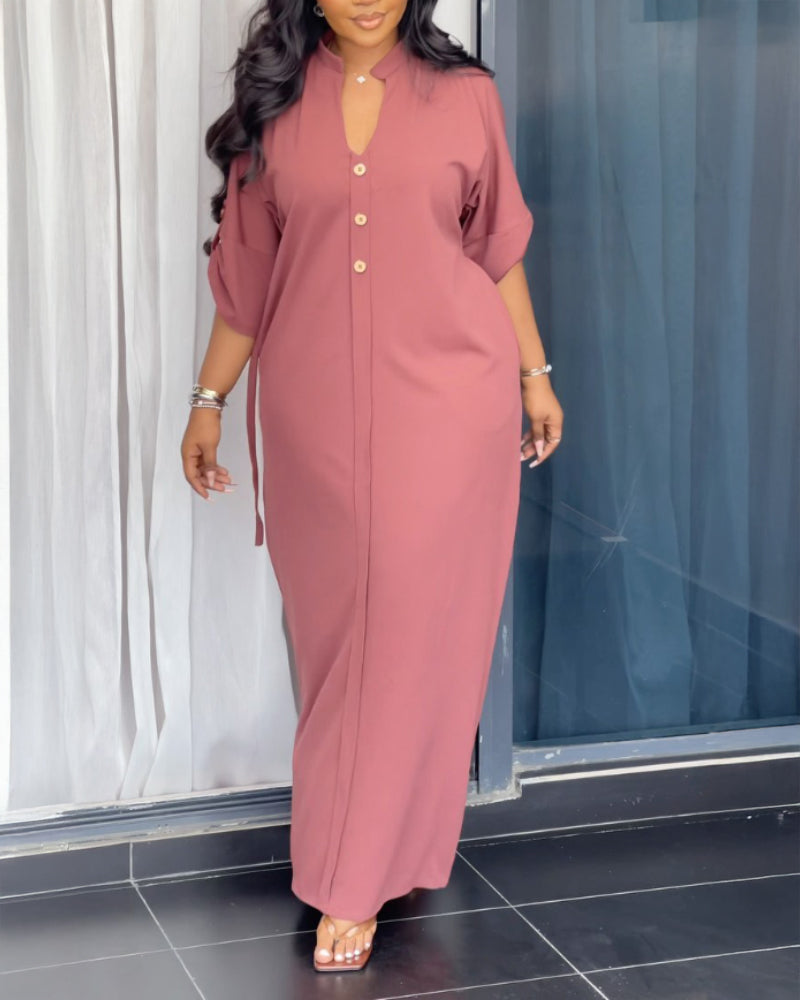 Plain Stand Collar Button Front Maxi Dress Casual Tied Detail Slit Dress