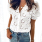 V Neck Puff Sleeve Hollow out Lace Blouse Casual Button Front Frill Hem Top