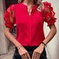 Jacquard V Neck Puff Sleeve Blouse Casual Sheer Mesh Patch Short Sleeve Top