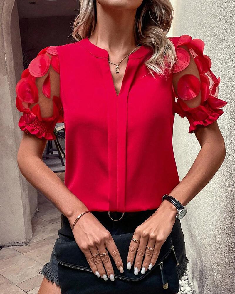 Jacquard V Neck Puff Sleeve Blouse Casual Sheer Mesh Patch Short Sleeve Top