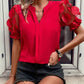 Jacquard V Neck Puff Sleeve Blouse Casual Sheer Mesh Patch Short Sleeve Top
