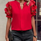 Jacquard V Neck Puff Sleeve Blouse Casual Sheer Mesh Patch Short Sleeve Top