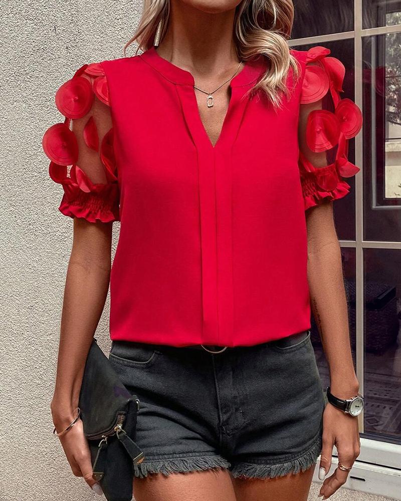 Jacquard V Neck Puff Sleeve Blouse Casual Sheer Mesh Patch Short Sleeve Top