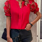 Jacquard V Neck Puff Sleeve Blouse Casual Sheer Mesh Patch Short Sleeve Top