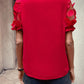 Jacquard V Neck Puff Sleeve Blouse Casual Sheer Mesh Patch Short Sleeve Top