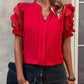 Jacquard V Neck Puff Sleeve Blouse Casual Sheer Mesh Patch Short Sleeve Top