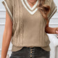 Light French Beige Colorblock V Neck Cap Sleeve Cable Knit Sweater