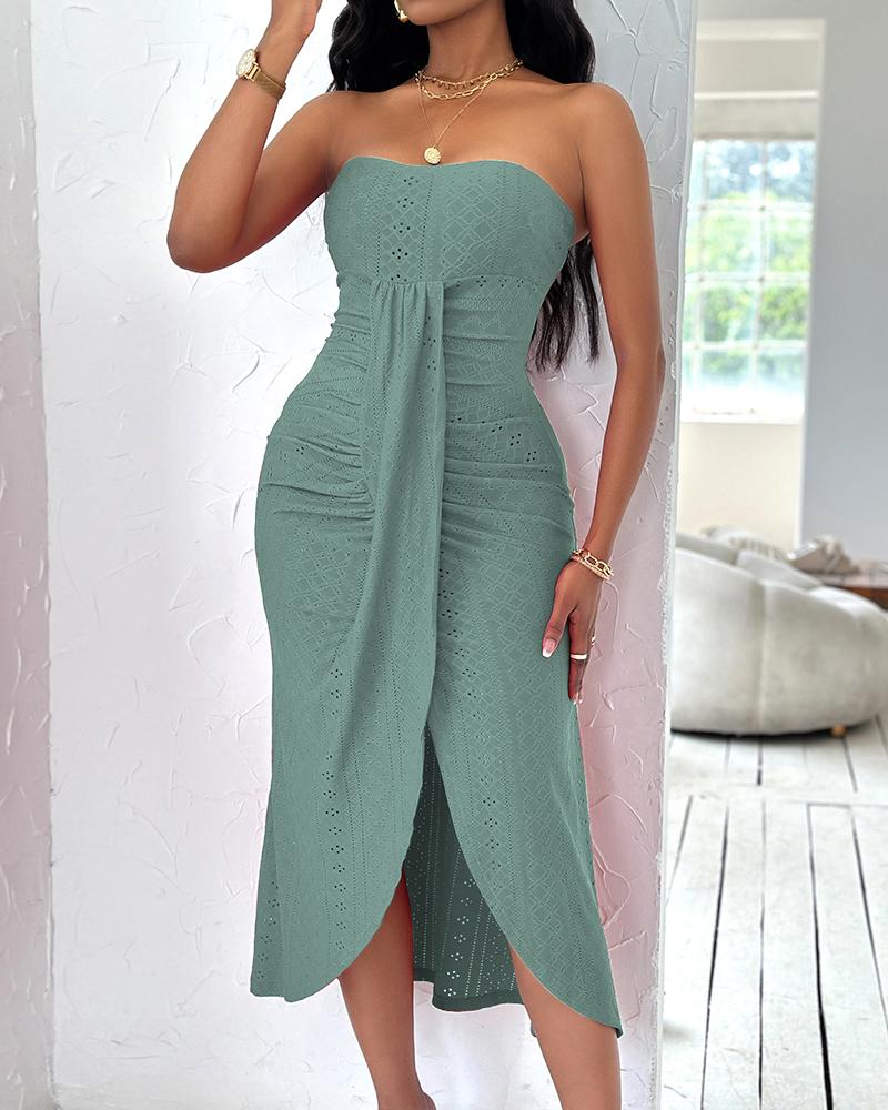 Eyelet Embroidery Bandeau Ruched Slit Casual Dress