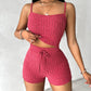 U Neck Ribbed Top & Drawstring Shorts Set With Open Front Coat