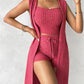 U Neck Ribbed Top & Drawstring Shorts Set With Open Front Coat
