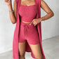 U Neck Ribbed Top & Drawstring Shorts Set With Open Front Coat