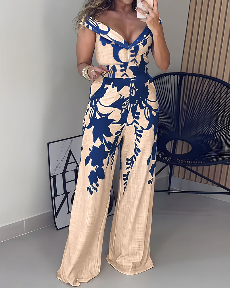 Floral Print One Shoulder Plunge Casual Jumpsuit with Pocket