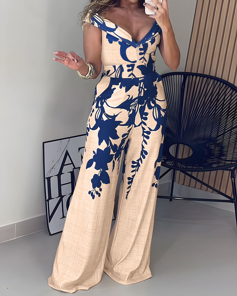 Floral Print One Shoulder Plunge Casual Jumpsuit with Pocket