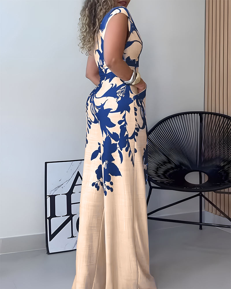 Floral Print One Shoulder Plunge Casual Jumpsuit with Pocket