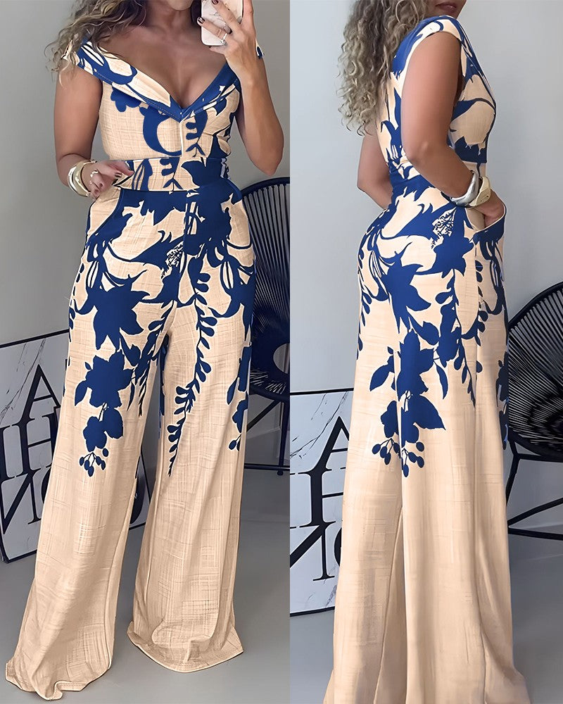 Floral Print One Shoulder Plunge Casual Jumpsuit with Pocket