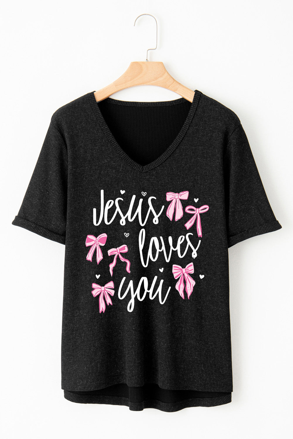Gray Jesus Loves You Bow Knot Print V Neck Waffle Knit Loose T Shirt